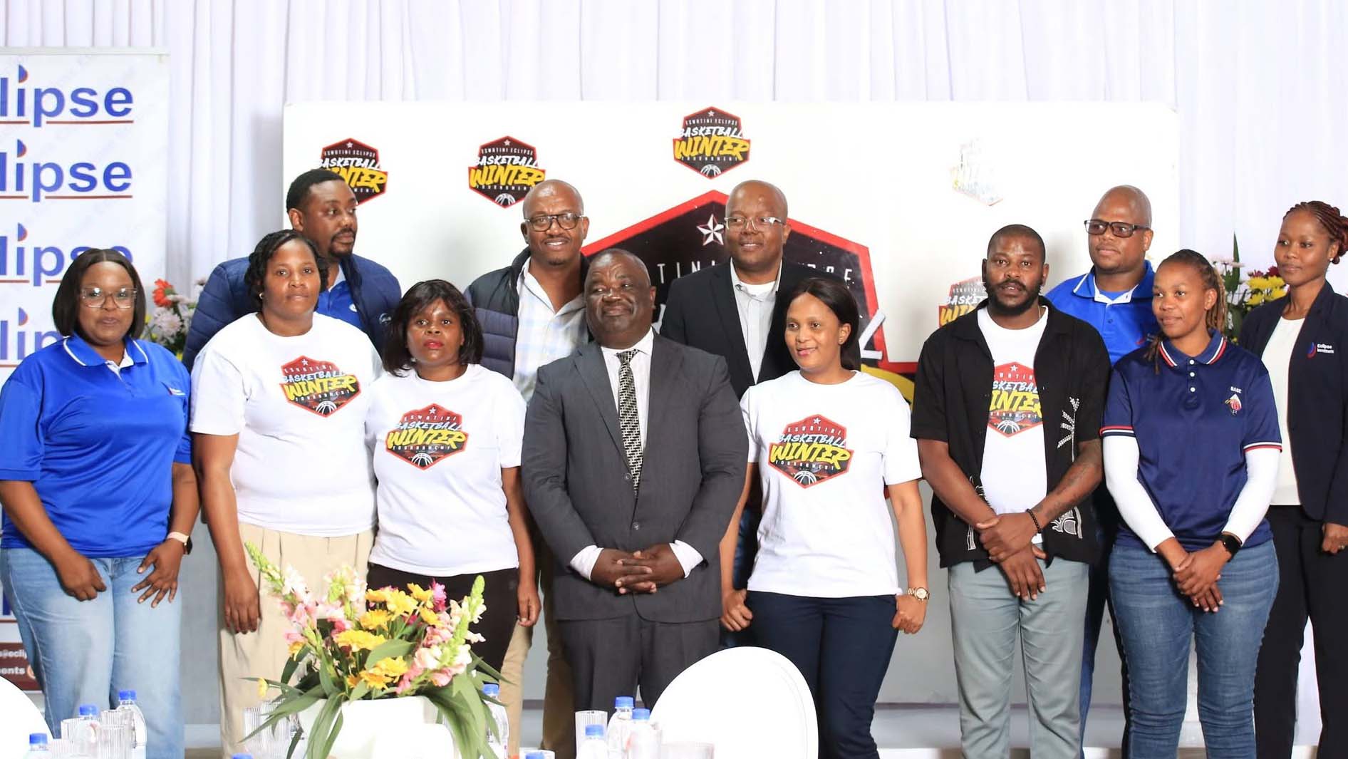 Minister for Education and Training Owen Nxumalo with Eclipse staff and Basketball Association of Eswatini officials at the launch of the Eswatini Winter Basketball Tournament. (Courtesy pic)